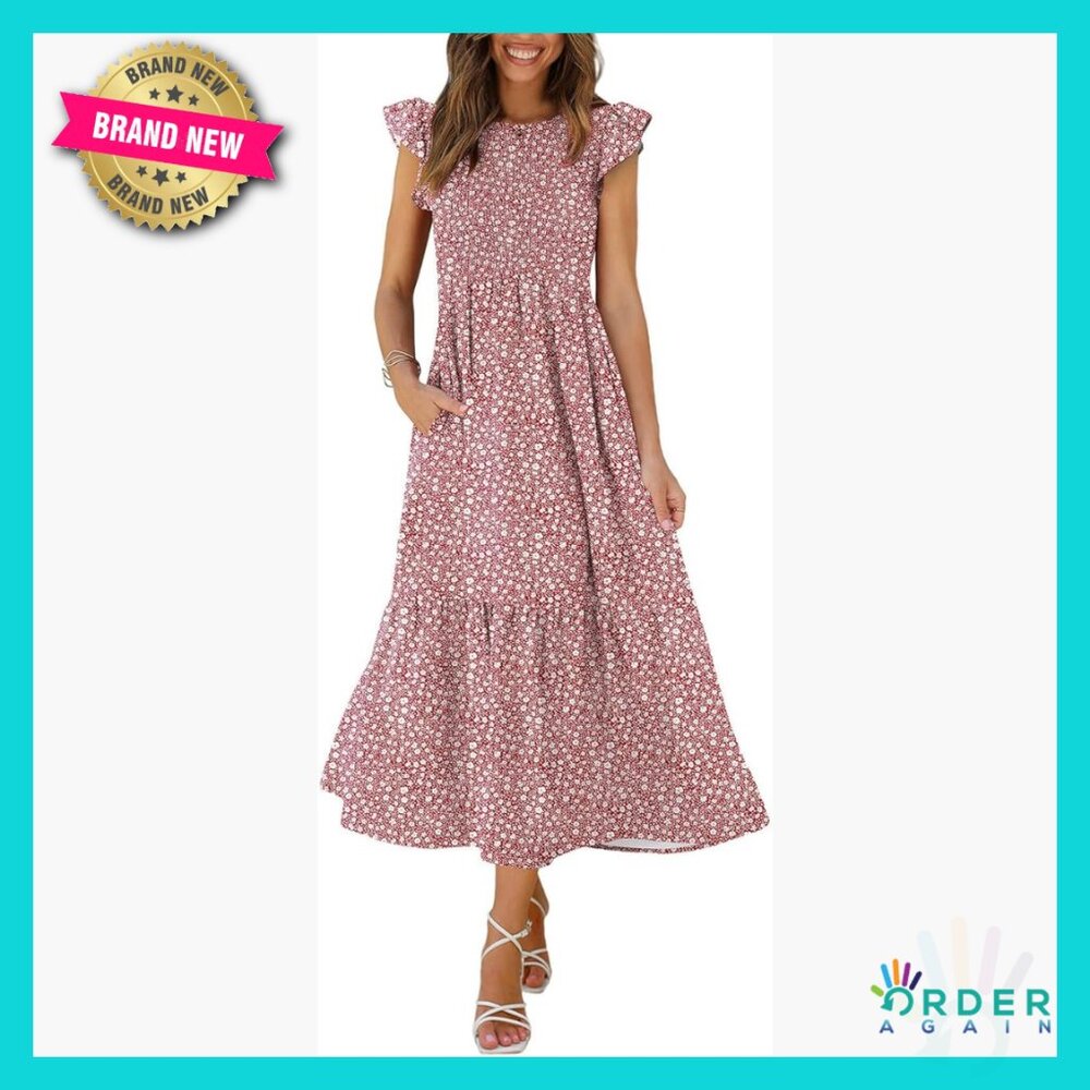 Casual Maxi Dress with Pockets Ruffle Sleeve Smocked Elegant Boho Chic